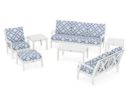 POLYWOOD® Braxton 7-Piece Deep Seating Set in White / Trellis Sky Blue