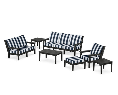 POLYWOOD® Chippendale 7-Piece Deep Seating Set in Black / Cabana Stripe Marine Indigo