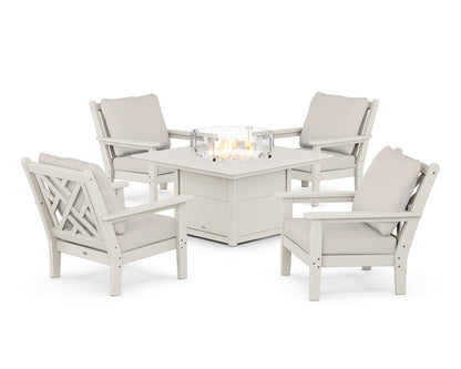 POLYWOOD® Chippendale 5-Piece Deep Seating Set with Fire Pit Table in Sand / Cast Ash
