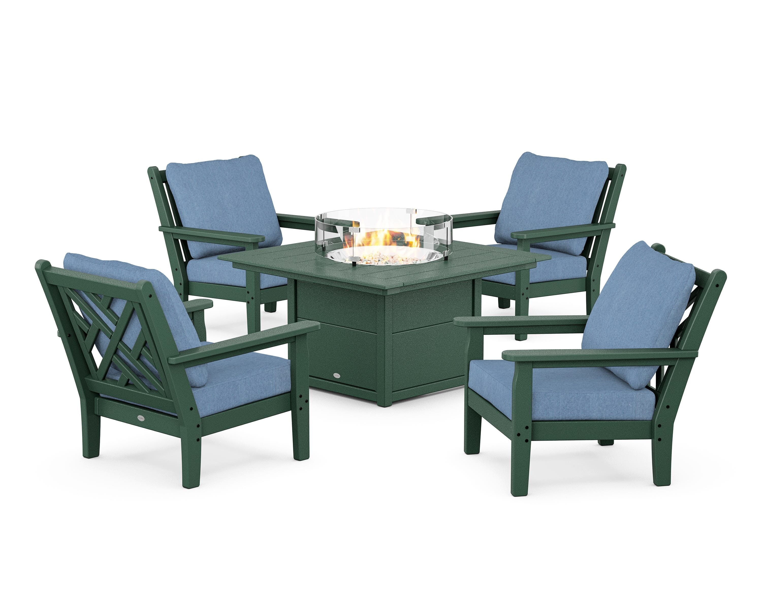 POLYWOOD® Chippendale 5-Piece Deep Seating Set with Fire Pit Table in Green / Sky Blue