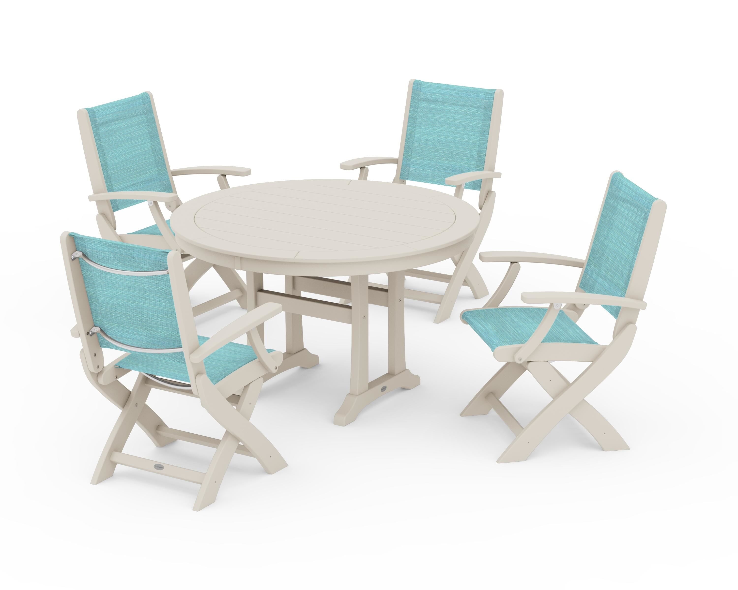 POLYWOOD® Coastal Folding Chair 5-Piece Round Dining Set with Trestle Legs in Sand / Dupioni Aquamarine Sling
