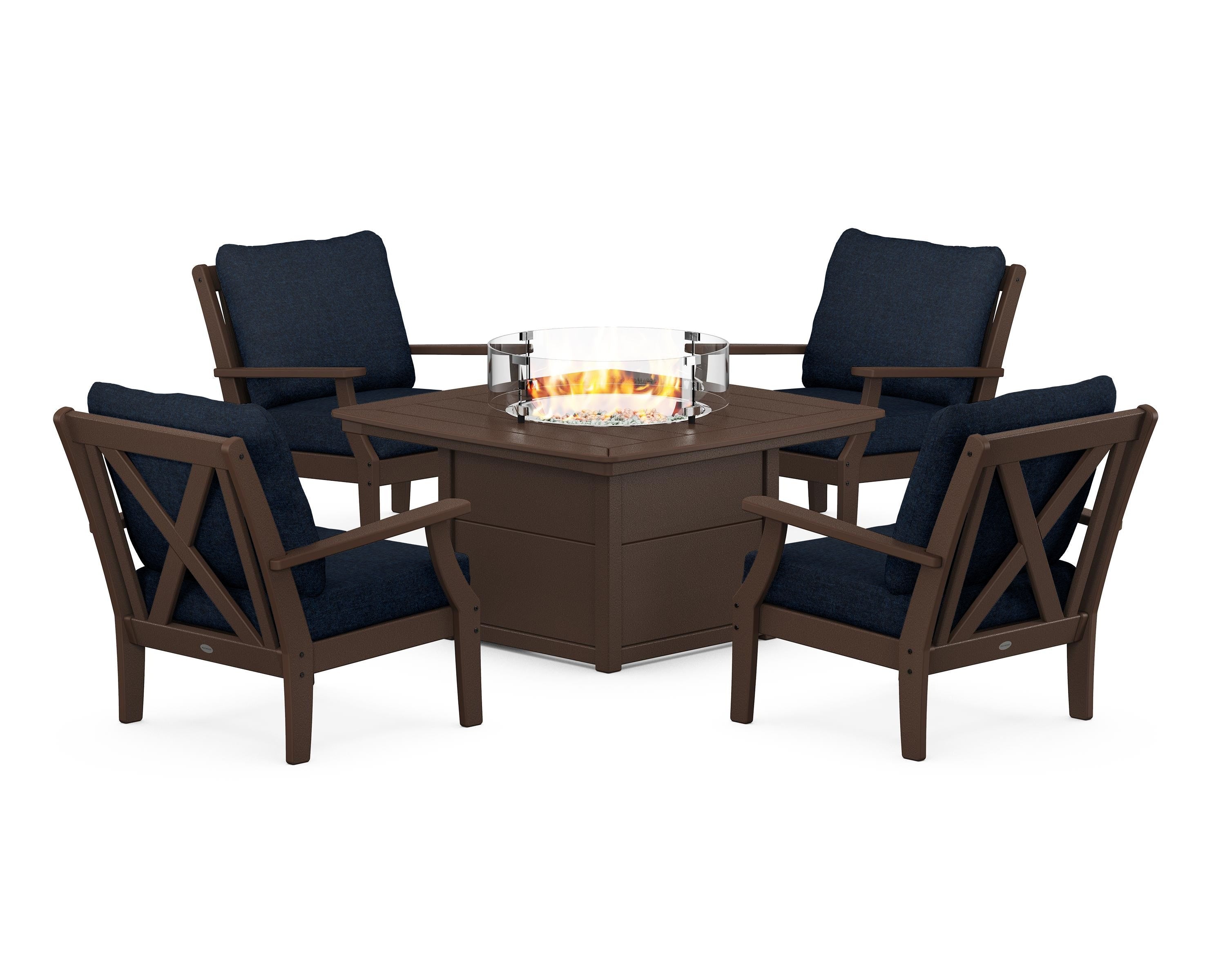 POLYWOOD® Braxton 5-Piece Deep Seating Conversation Set with Fire Pit Table in Mahogany / Marine Indigo