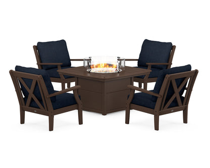 POLYWOOD® Braxton 5-Piece Deep Seating Conversation Set with Fire Pit Table in Mahogany / Marine Indigo