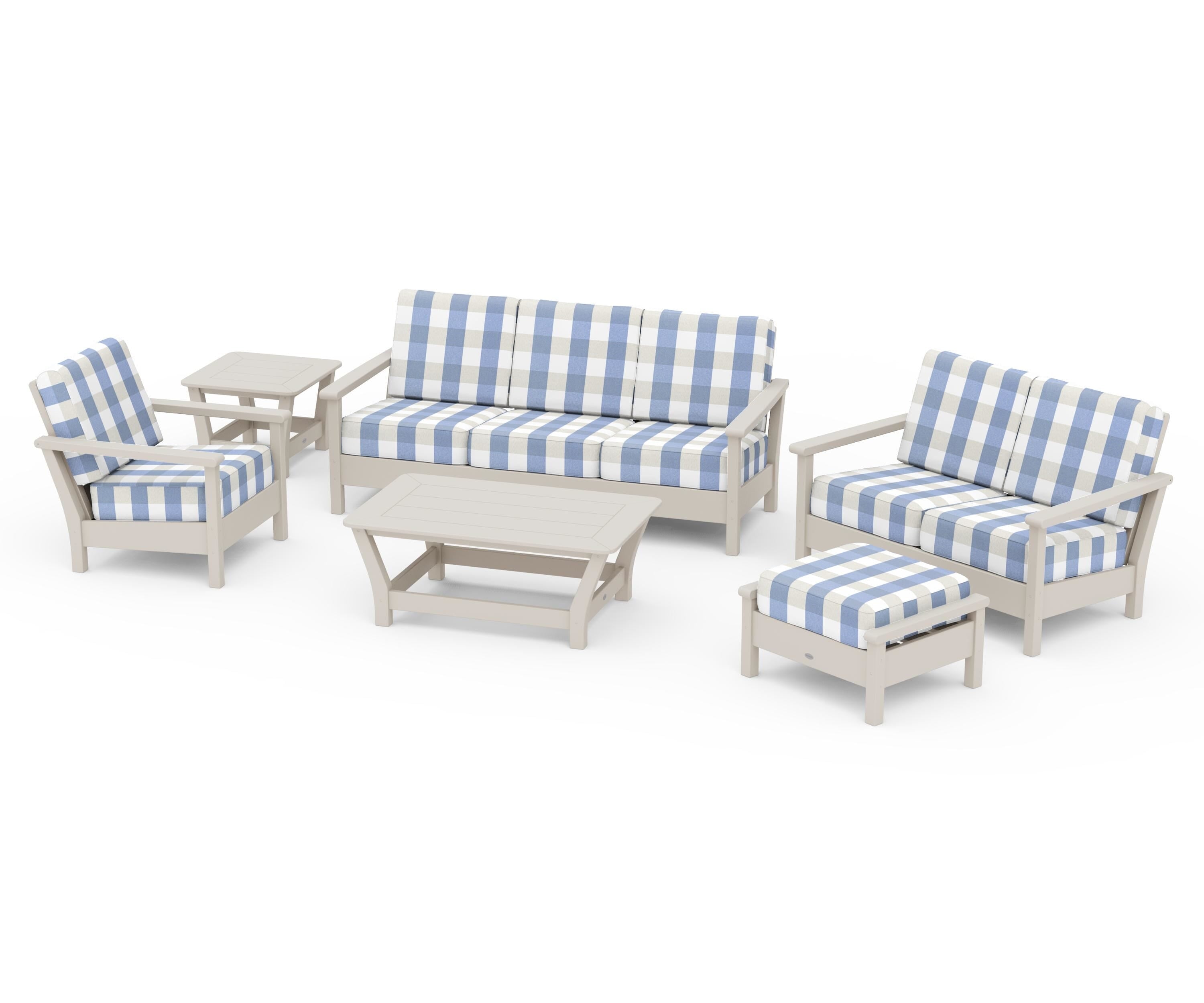 POLYWOOD® Harbour 6-Piece Outdoor Living Set in Sand / Buffalo Plaid Sky Blue