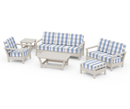 POLYWOOD® Harbour 6-Piece Outdoor Living Set in Sand / Buffalo Plaid Sky Blue