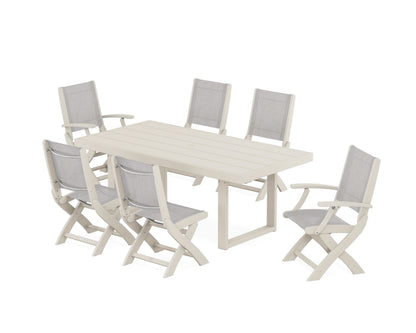 POLYWOOD® Coastal Folding Chair 7-Piece Dining Set with Trestle Legs in Sand / Parchment Sling