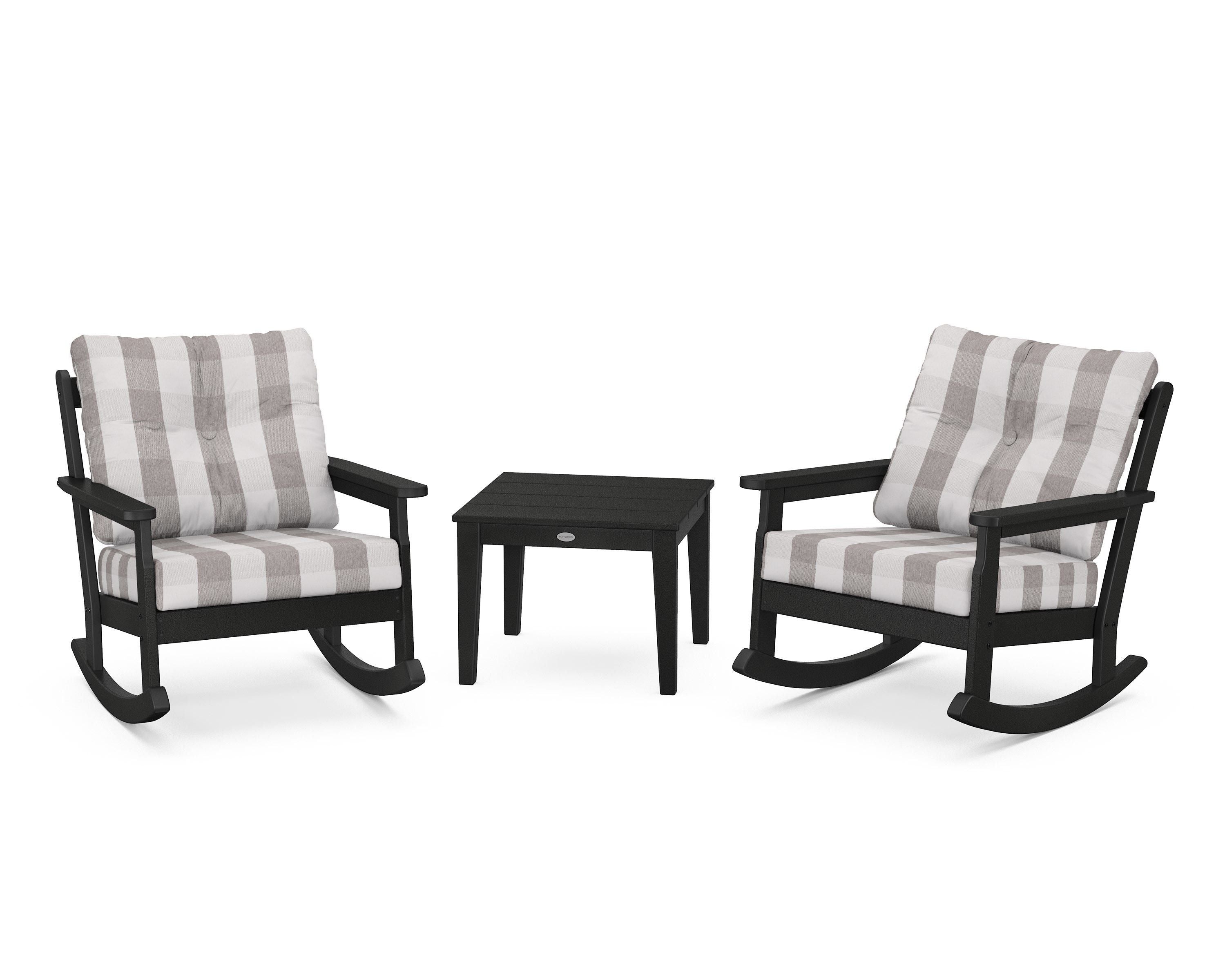POLYWOOD® Vineyard 3-Piece Deep Seating Rocker Set in Black / Buffalo Plaid Grey Mist