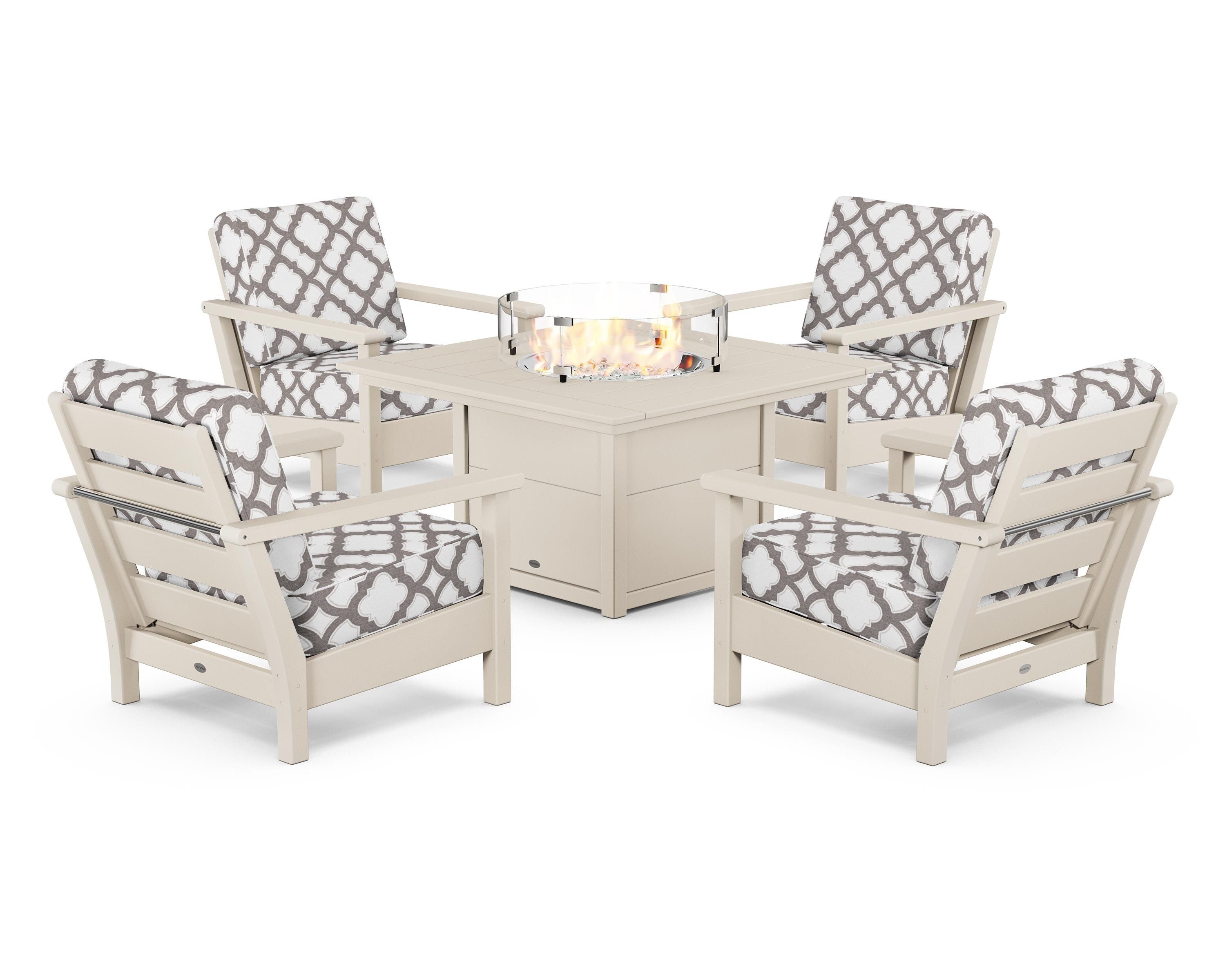 POLYWOOD® Harbour 5-Piece Conversation Set with Fire Pit Table in Sand / Trellis Grey Mist