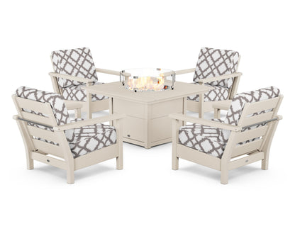 POLYWOOD® Harbour 5-Piece Conversation Set with Fire Pit Table in Sand / Trellis Grey Mist