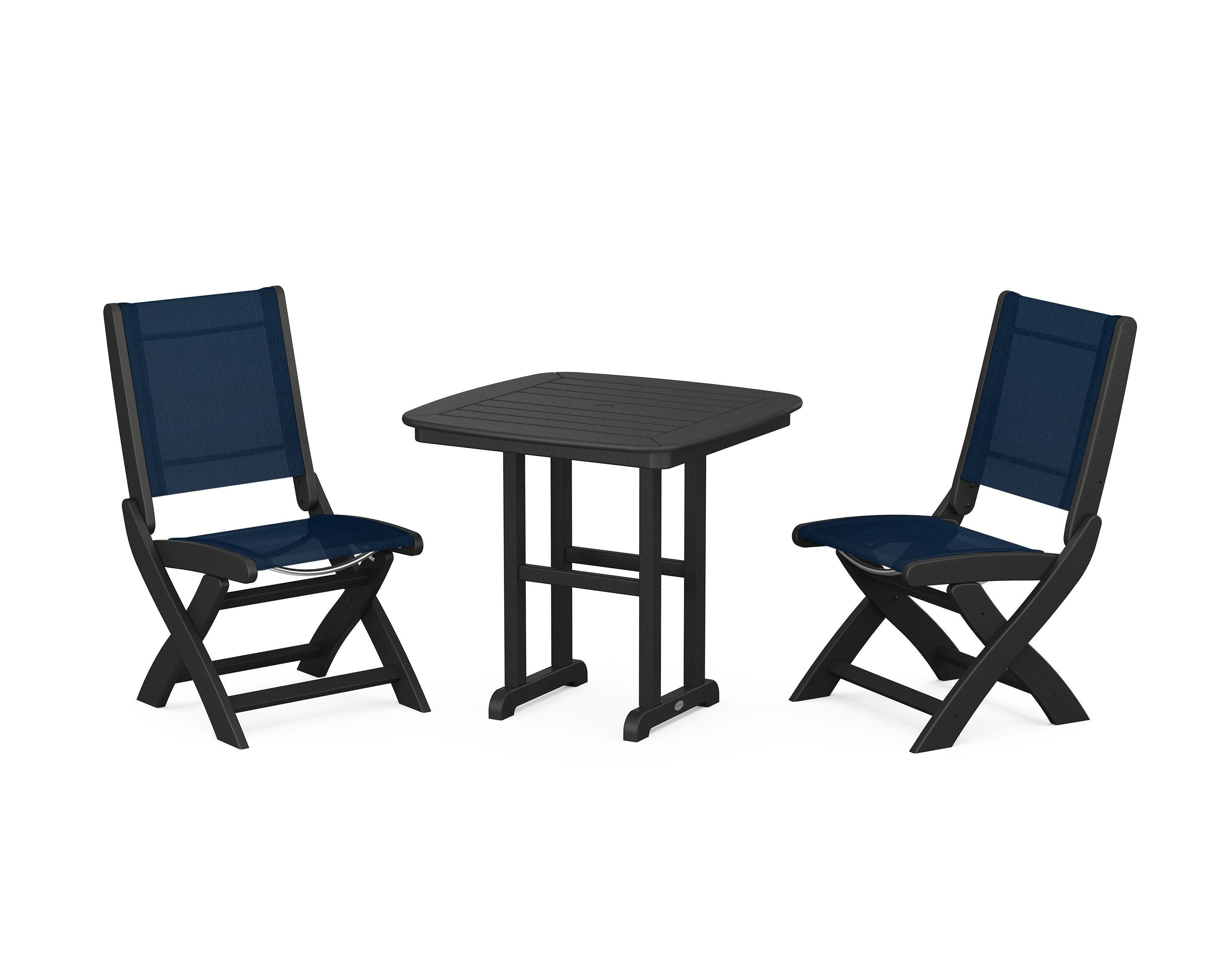 POLYWOOD® Coastal Folding Side Chair 3-Piece Dining Set in Black / Navy Blue Sling