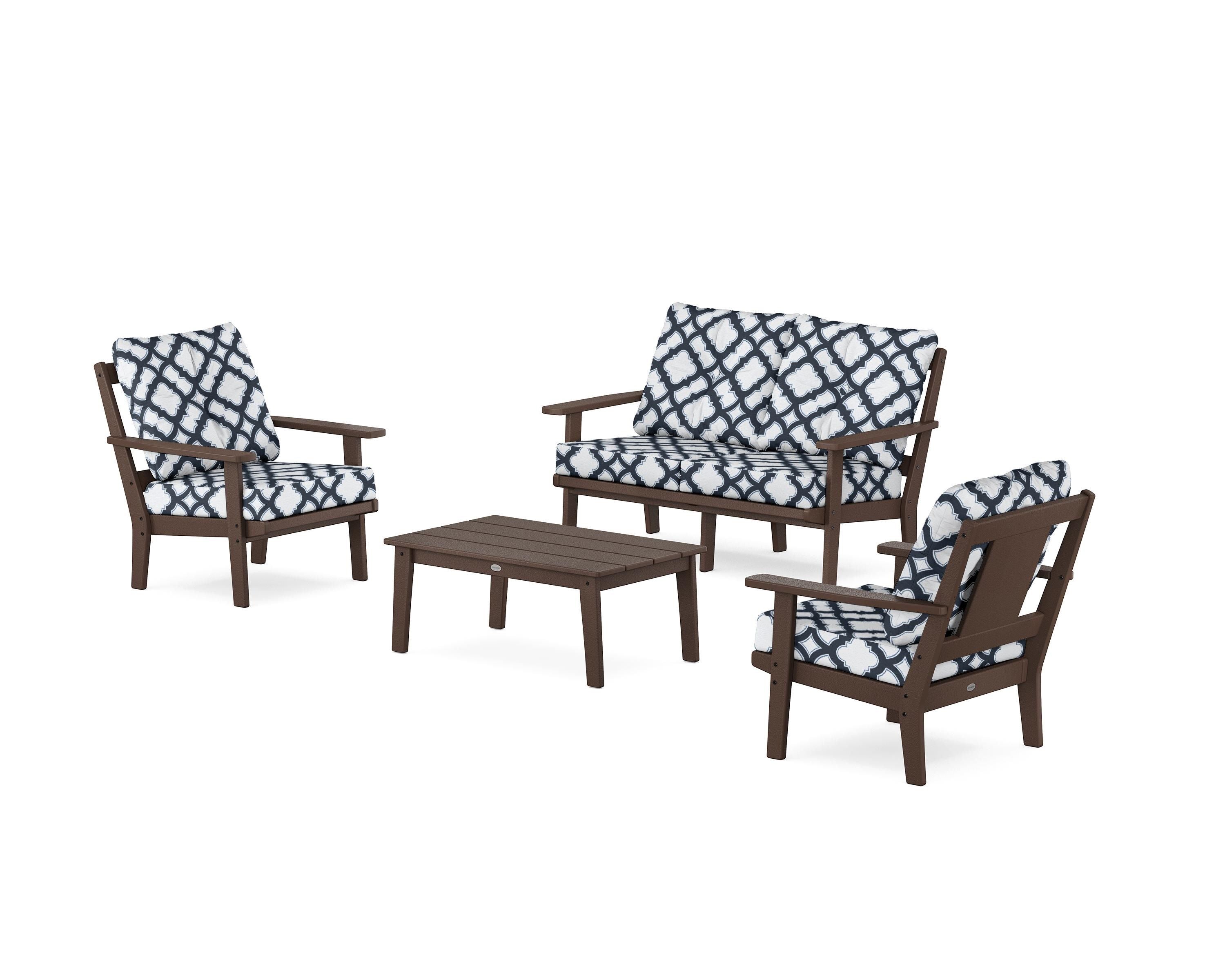 POLYWOOD® Prairie 4-Piece Deep Seating Set with Loveseat in Mahogany / Trellis Marine Indigo