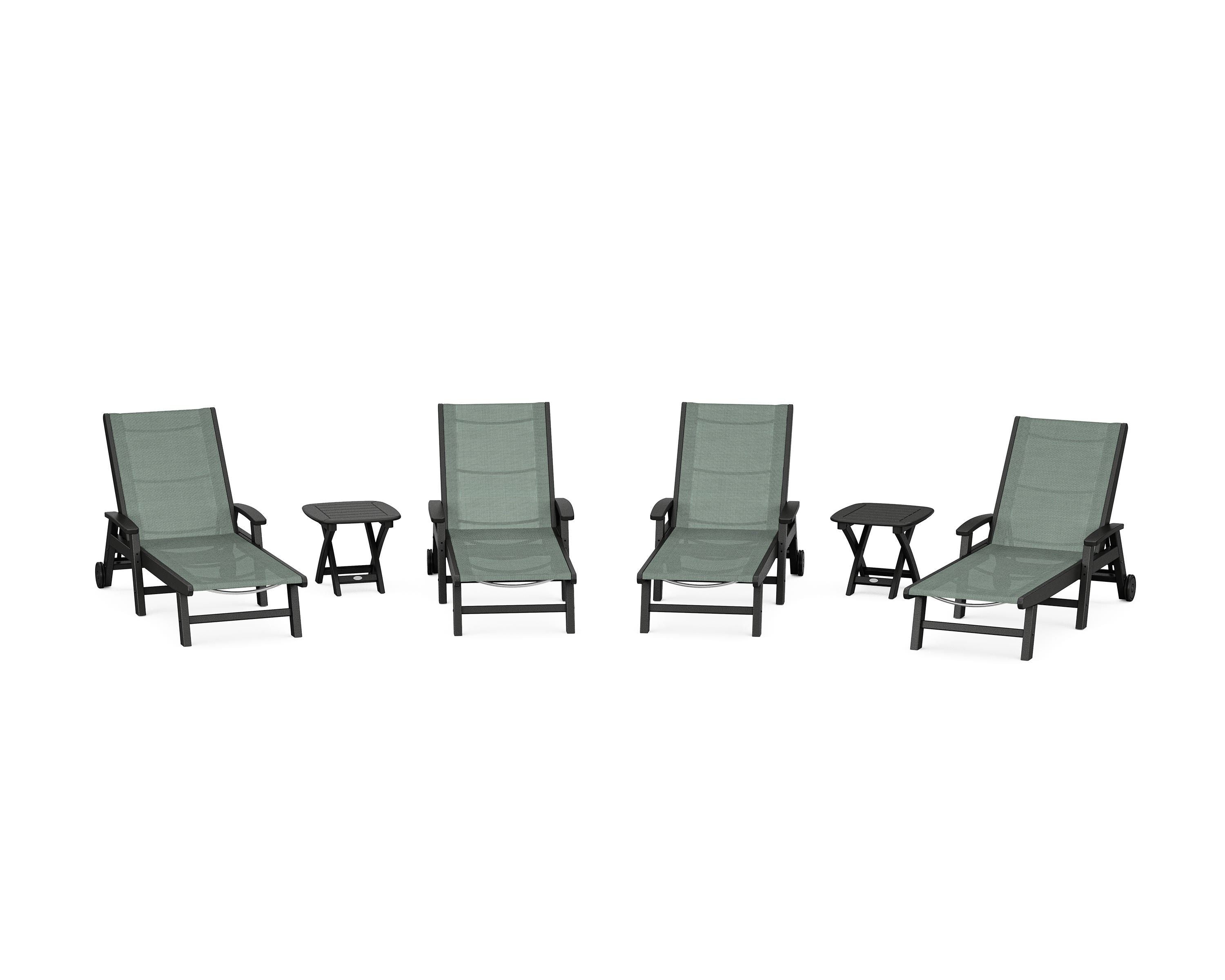 POLYWOOD® Coastal Chaise 6-Piece Set with Wheels in Black / Dupioni Sea Mist Sling