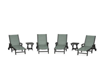 POLYWOOD® Coastal Chaise 6-Piece Set with Wheels in Black / Dupioni Sea Mist Sling
