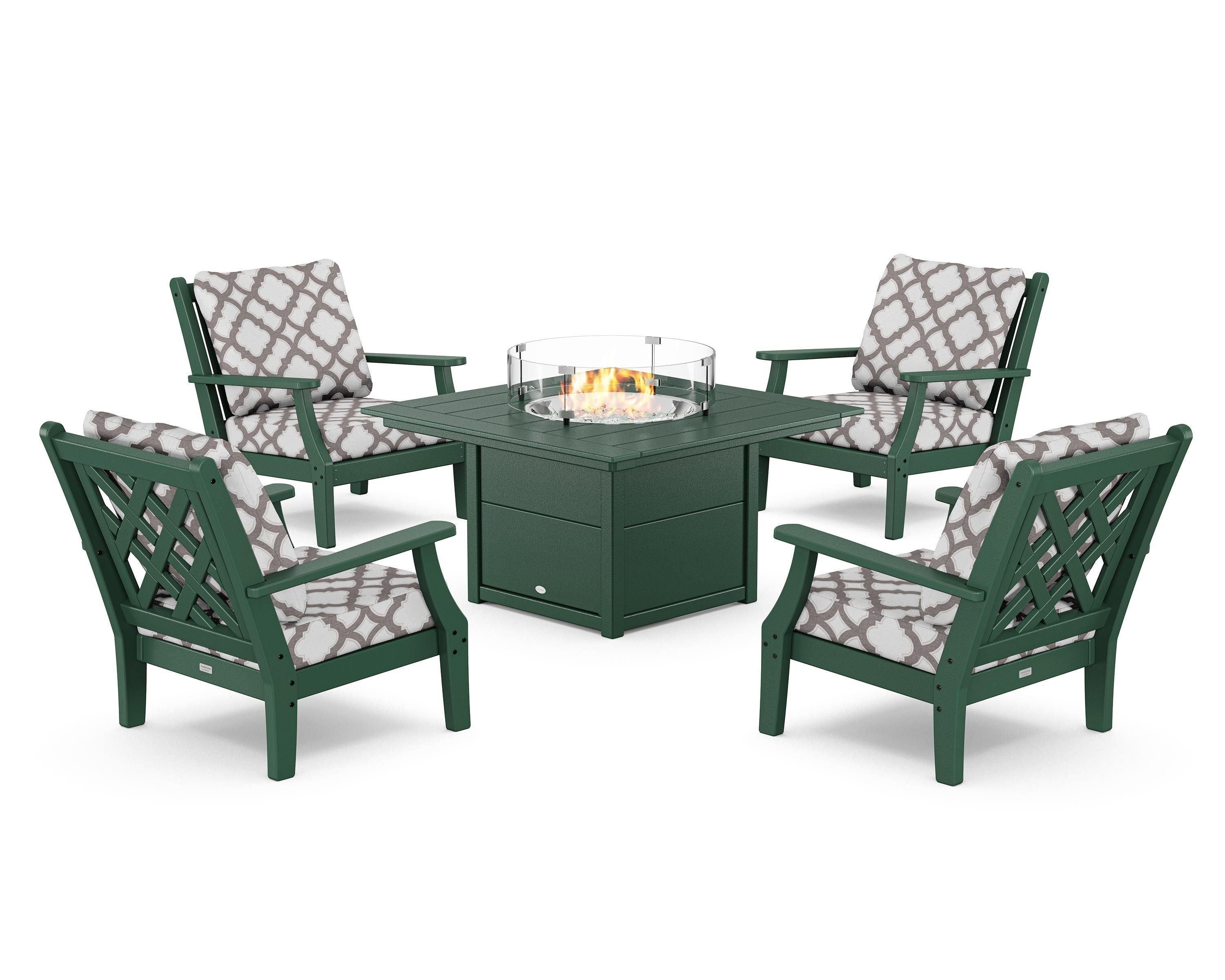 Country Living Wovendale 5-Piece Deep Seating Set with Fire Pit Table in Green / Trellis Grey Mist