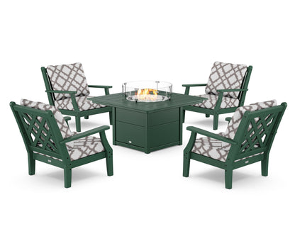 Country Living Wovendale 5-Piece Deep Seating Set with Fire Pit Table in Green / Trellis Grey Mist