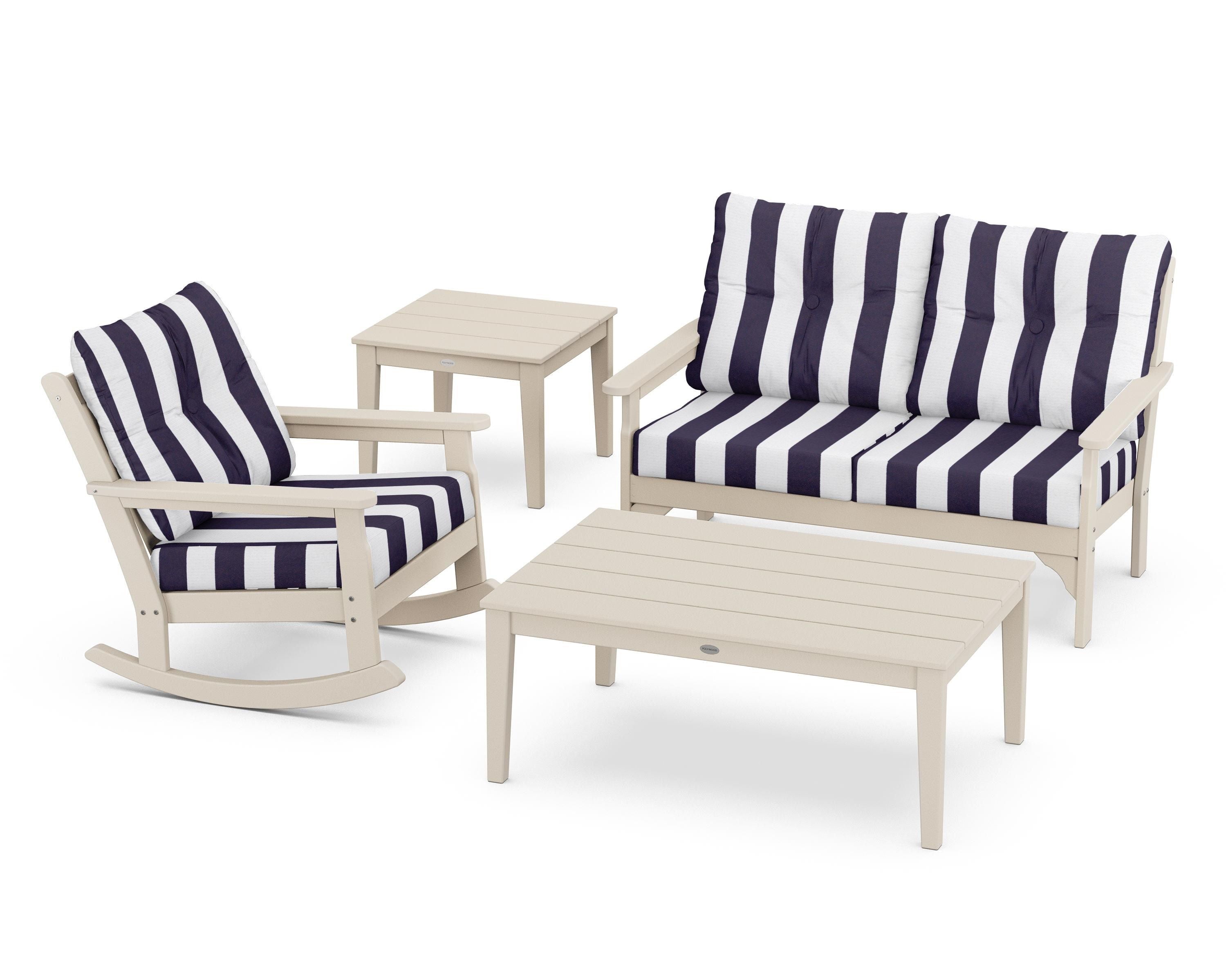 POLYWOOD® Vineyard 4-Piece Deep Seating Rocker Set in Sand / Cabana Stripe Navy
