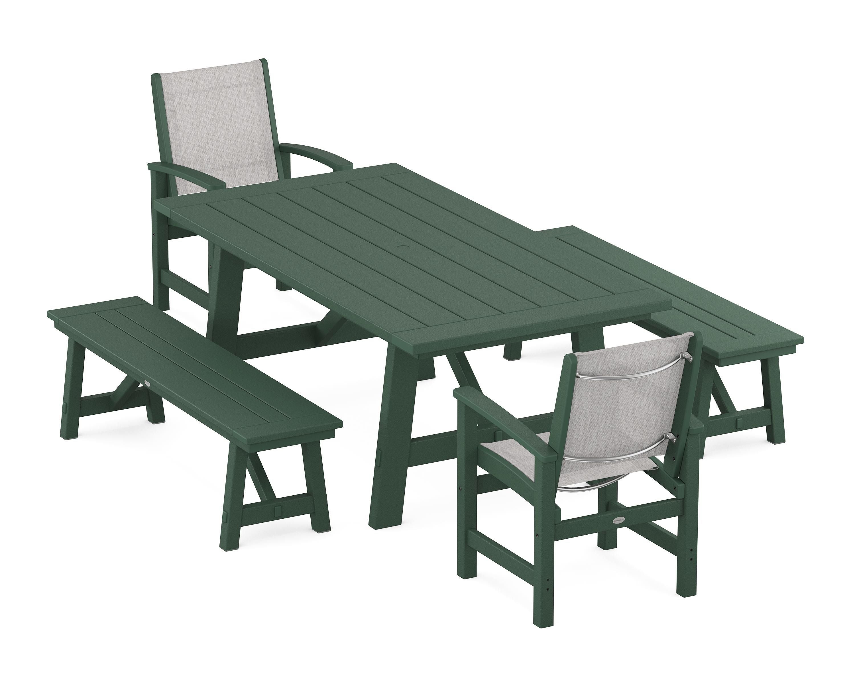 POLYWOOD® Coastal 5-Piece Rustic Farmhouse Dining Set With Benches in Green / Parchment Sling
