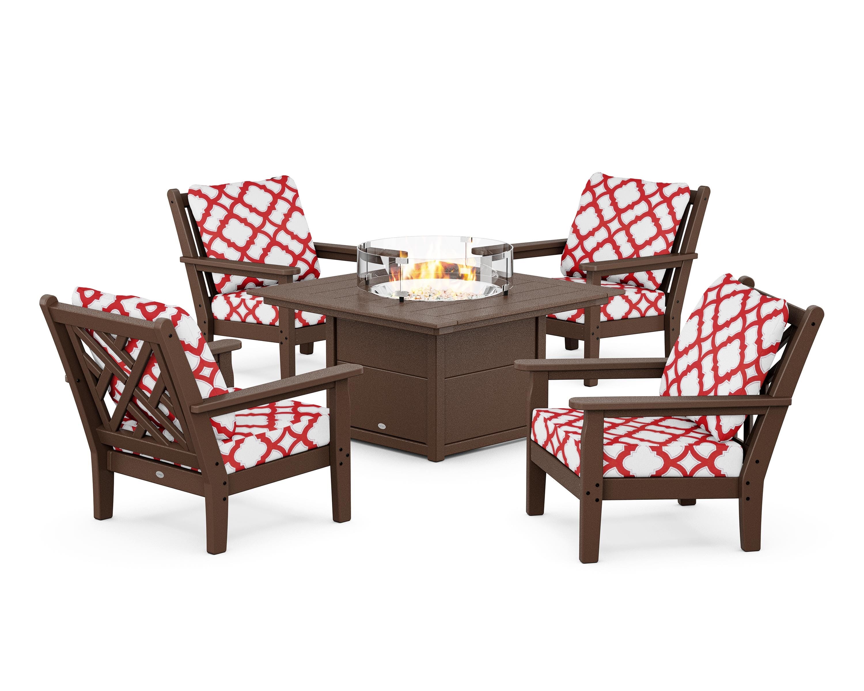 POLYWOOD® Chippendale 5-Piece Deep Seating Set with Fire Pit Table in Mahogany / Trellis Crimson