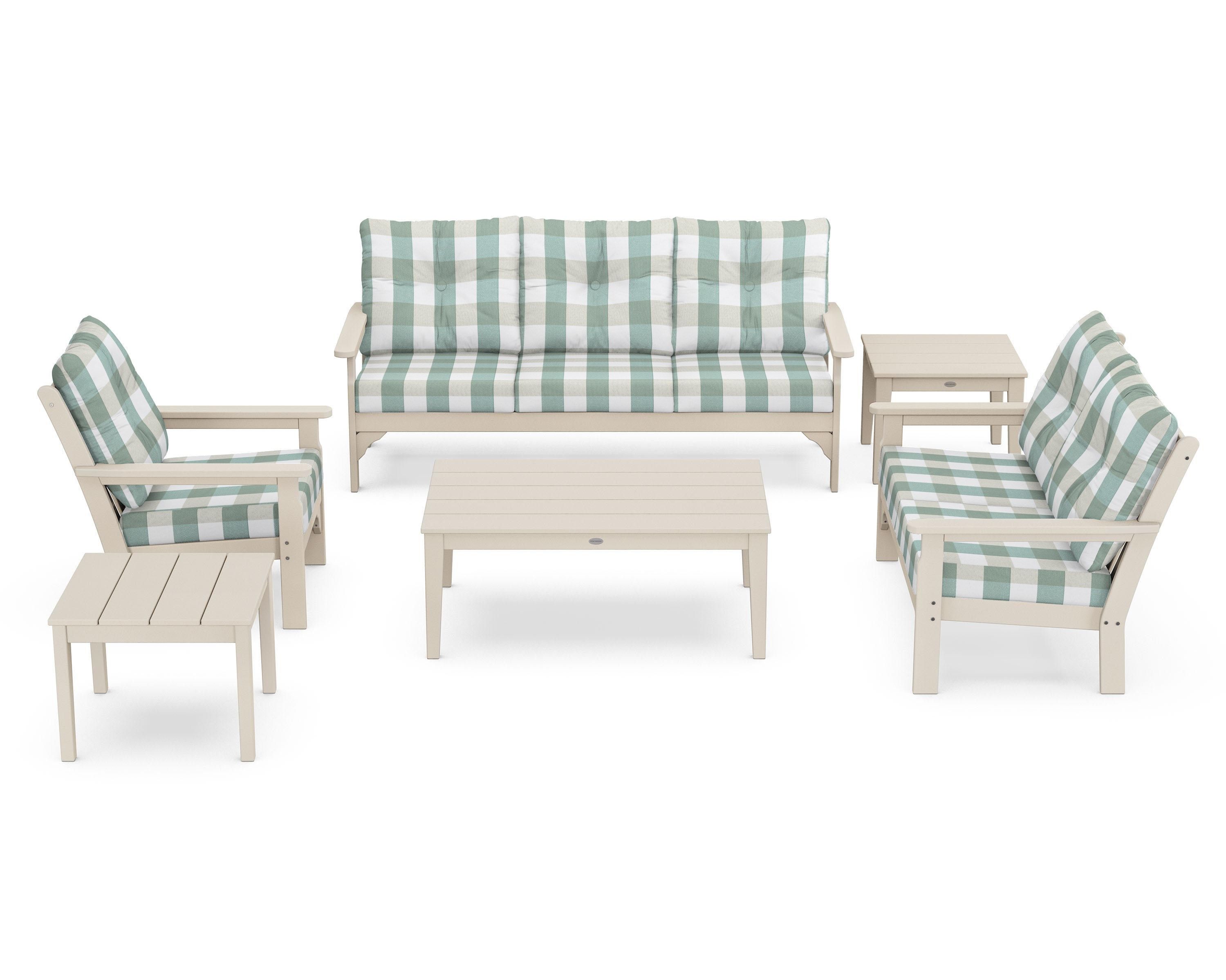 POLYWOOD® Vineyard 6-Piece Deep Seating Set in Sand / Buffalo Plaid Glacier Spa