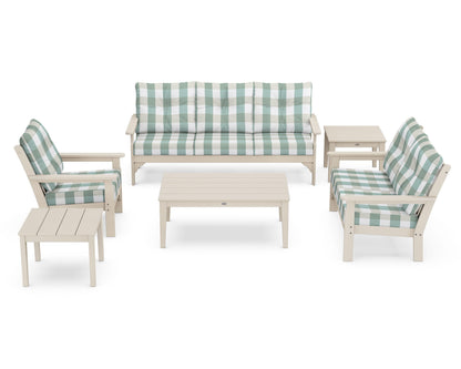 POLYWOOD® Vineyard 6-Piece Deep Seating Set in Sand / Buffalo Plaid Glacier Spa