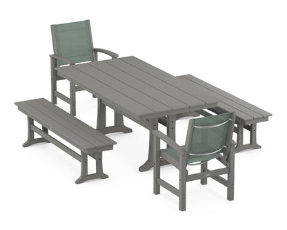 POLYWOOD® Coastal 5-Piece Farmhouse Dining Set with Trestle Legs and Benches in Slate Grey / Dupioni Sea Mist Sling