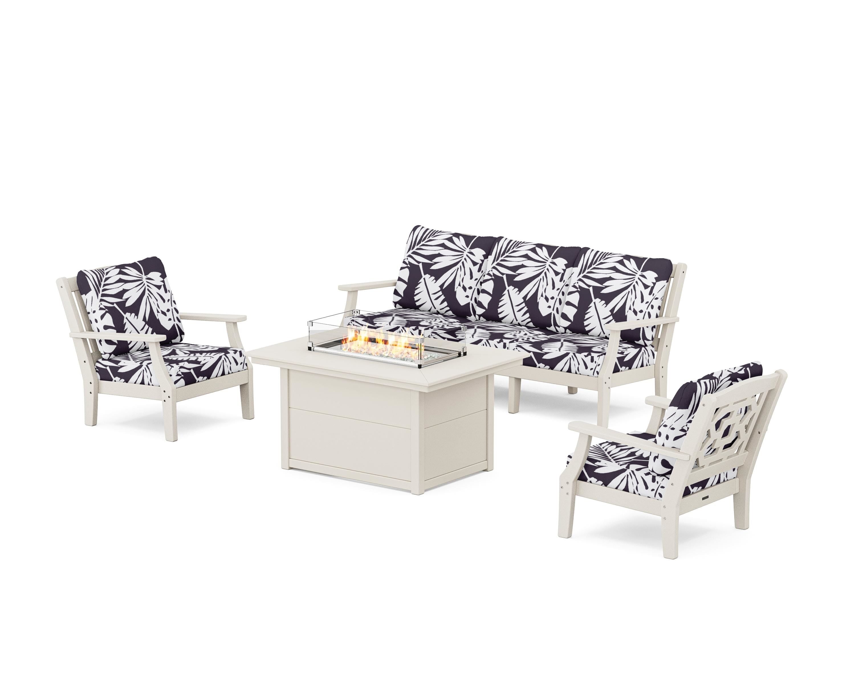 Martha Stewart by POLYWOOD® Chinoiserie Deep Seating Fire Pit Table Set in Sand / Leaf Navy