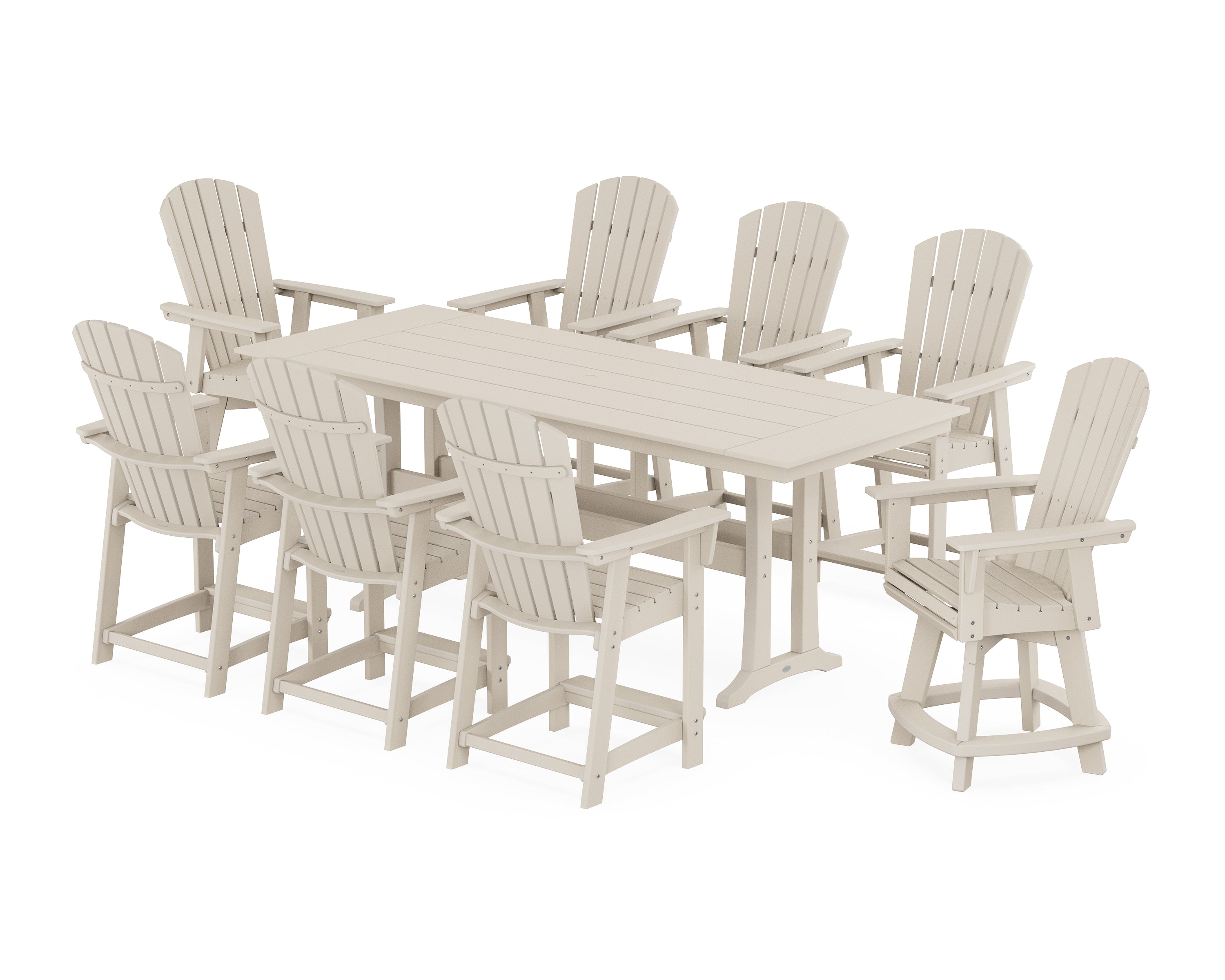 POLYWOOD® Nautical Curveback Adirondack Swivel Chair 9-Piece Farmhouse Counter Set with Trestle Legs in Sand