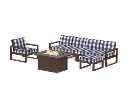 POLYWOOD® EDGE Sectional Lounge and Fire Pit Set in Mahogany / Buffalo Plaid Navy