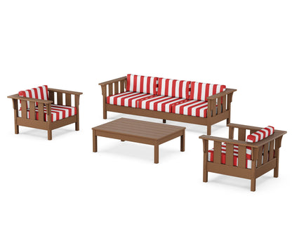 Martha Stewart by POLYWOOD® Acadia 4-Piece Deep Seating Set with Sofa in Teak / Cabana Stripe Crimson