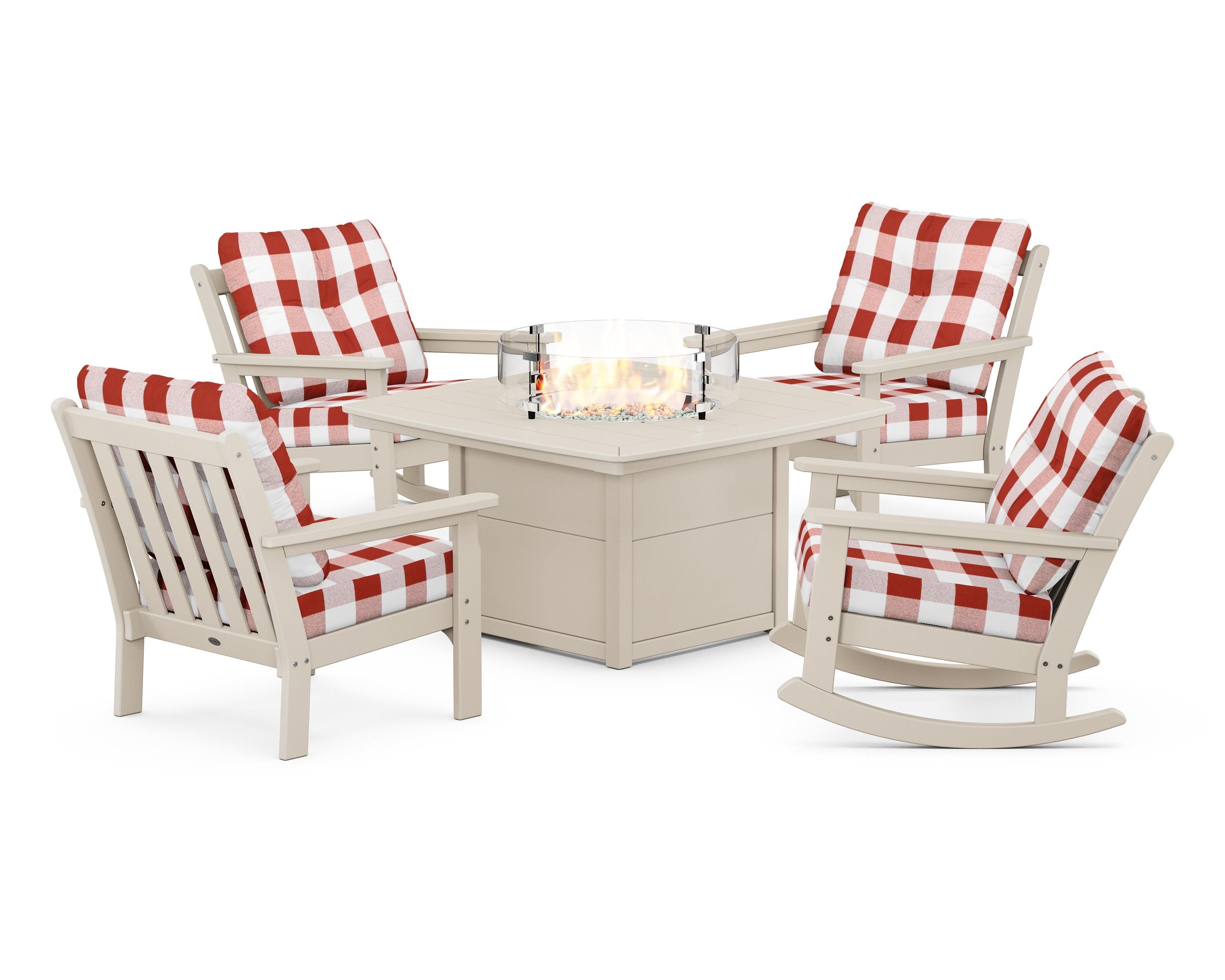 POLYWOOD® Vineyard 5-Piece Deep Seating Rocking Chair Conversation Set with Fire Pit Table in Sand / Buffalo Plaid Crimson
