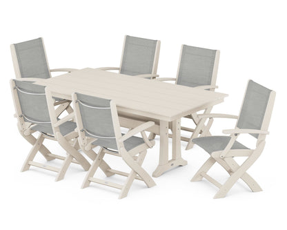 POLYWOOD® Coastal Folding Arm Chair 7-Piece Farmhouse Dining Set with Trestle Legs in Sand / Metallic Sling