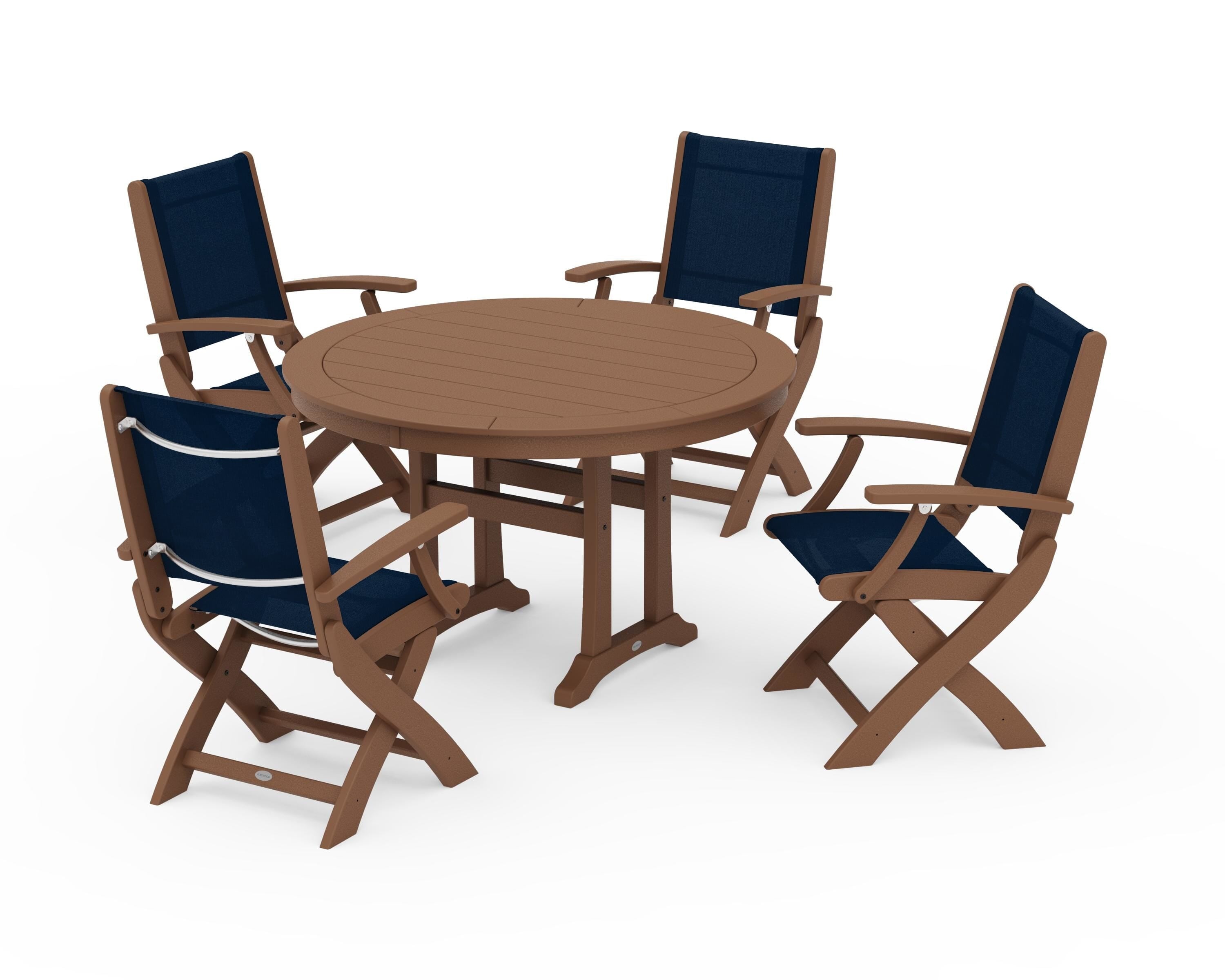 POLYWOOD® Coastal Folding Chair 5-Piece Round Dining Set with Trestle Legs in Teak / Navy Blue Sling