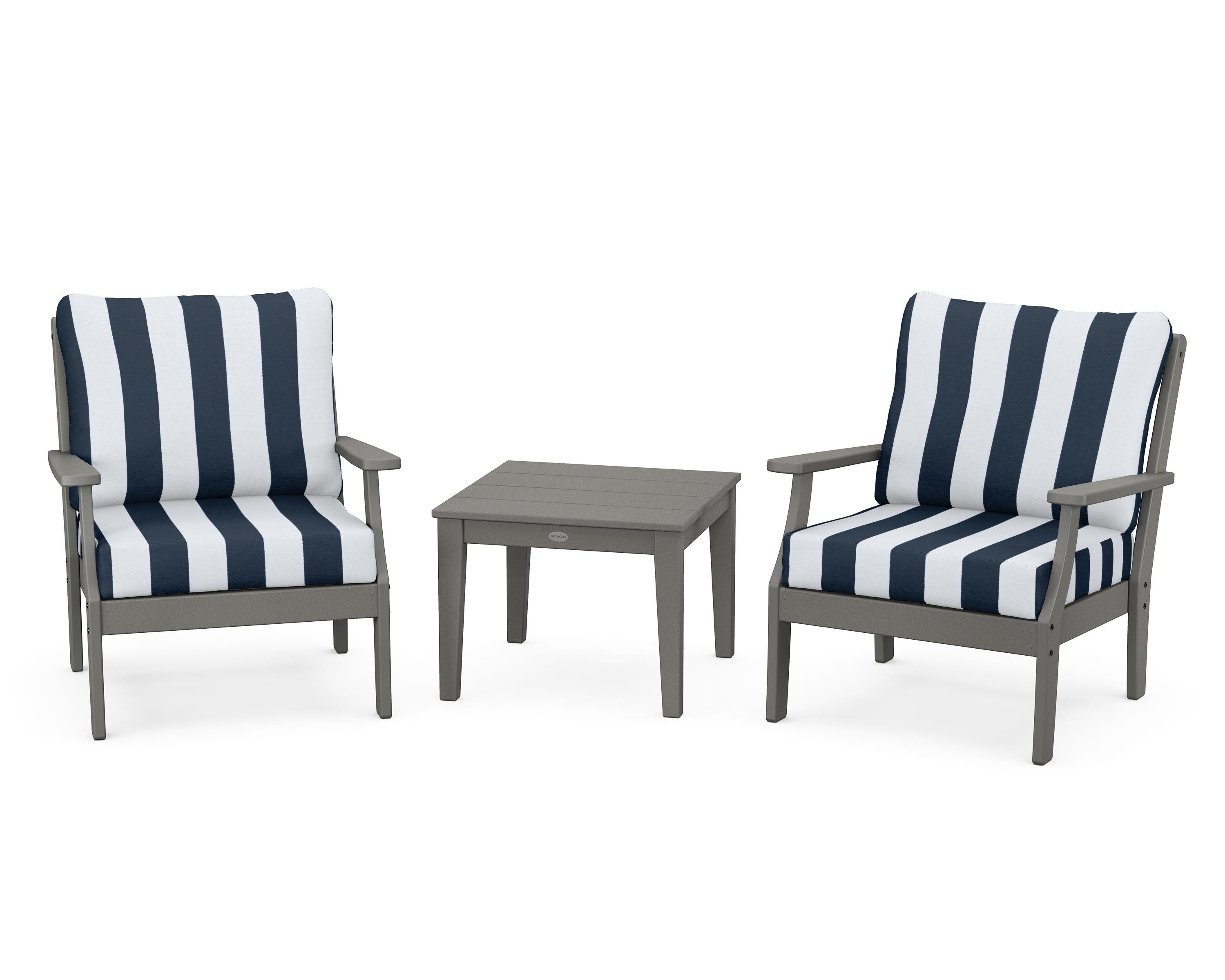 POLYWOOD® Braxton 3-Piece Deep Seating Set in Slate Grey / Cabana Stripe Marine Indigo