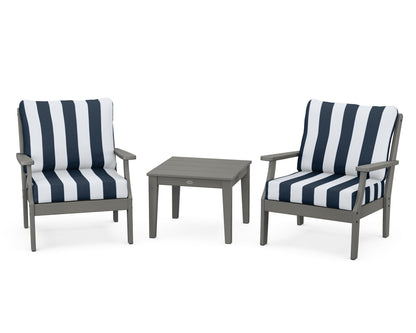 POLYWOOD® Braxton 3-Piece Deep Seating Set in Slate Grey / Cabana Stripe Marine Indigo