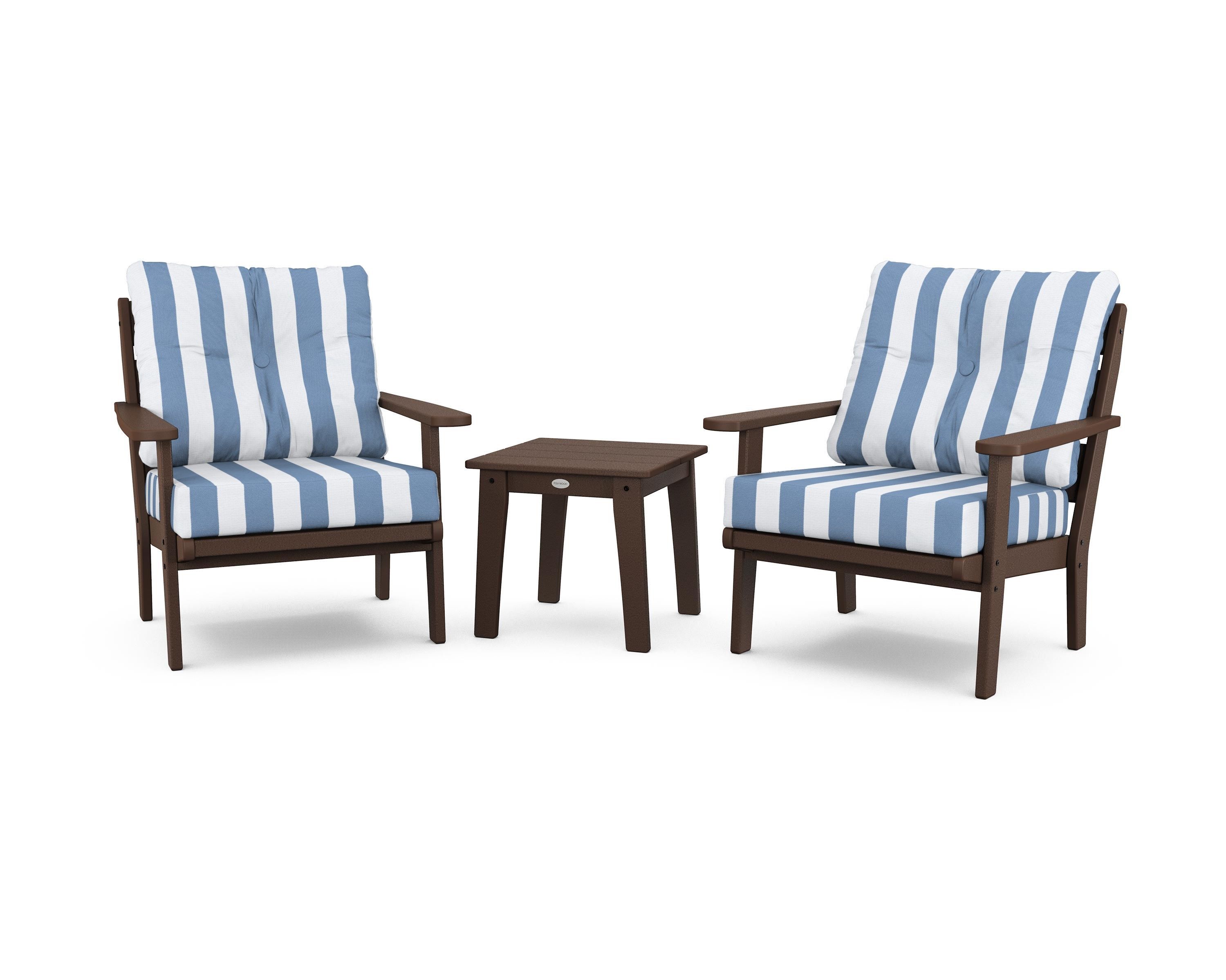 POLYWOOD® Lakeside 3-Piece Deep Seating Chair Set in Mahogany / Cabana Stripe Sky Blue