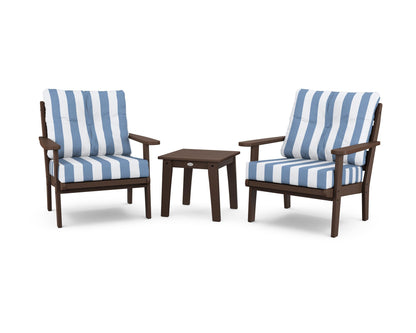 POLYWOOD® Lakeside 3-Piece Deep Seating Chair Set in Mahogany / Cabana Stripe Sky Blue