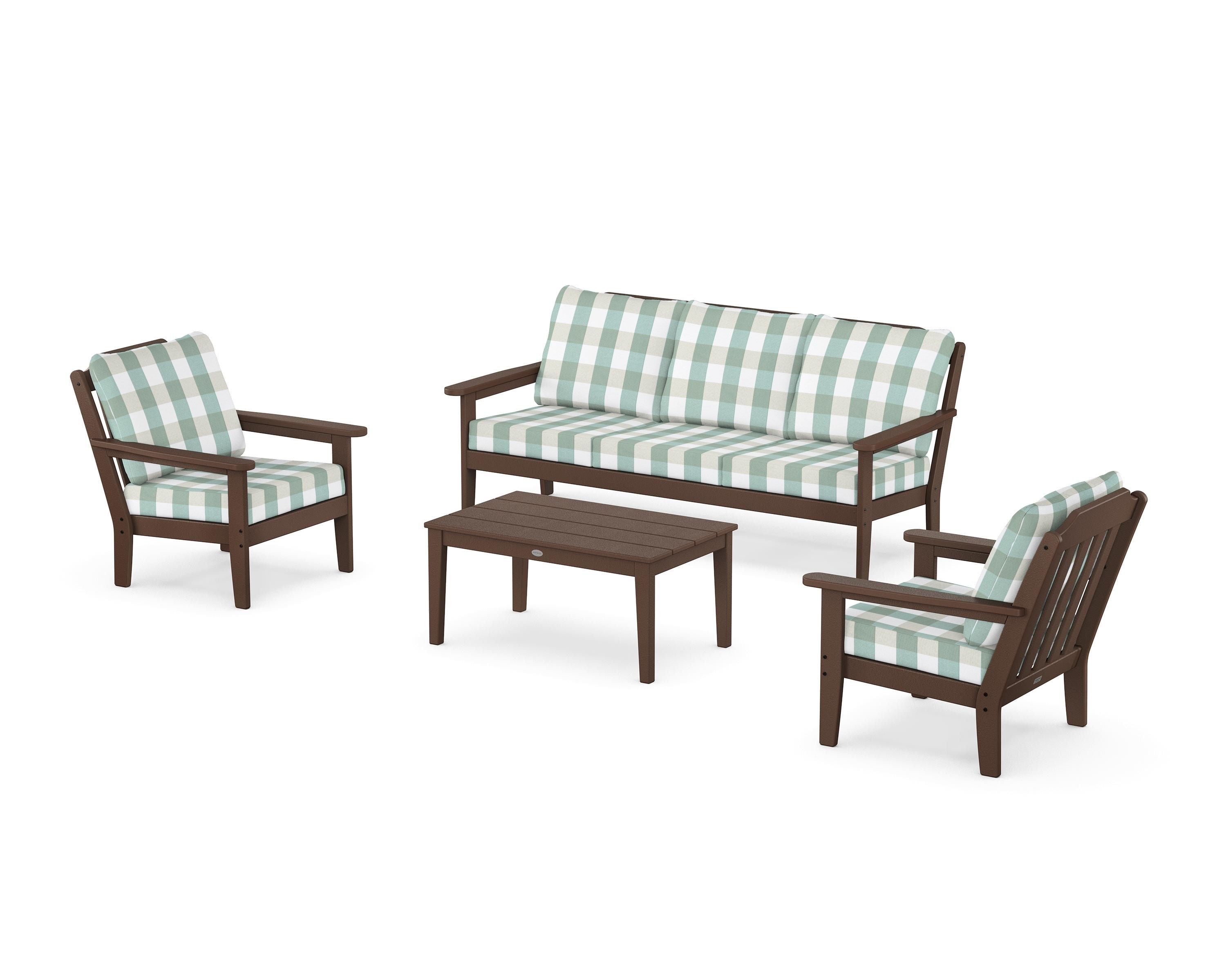Country Living Cottage 4-Piece Deep Seating Set with Sofa in Mahogany / Buffalo Plaid Glacier Spa