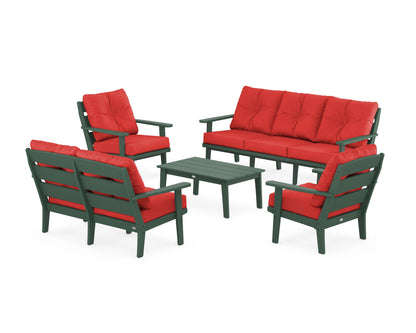 POLYWOOD® Lakeside 5-Piece Lounge Sofa Set in Green / Crimson Linen