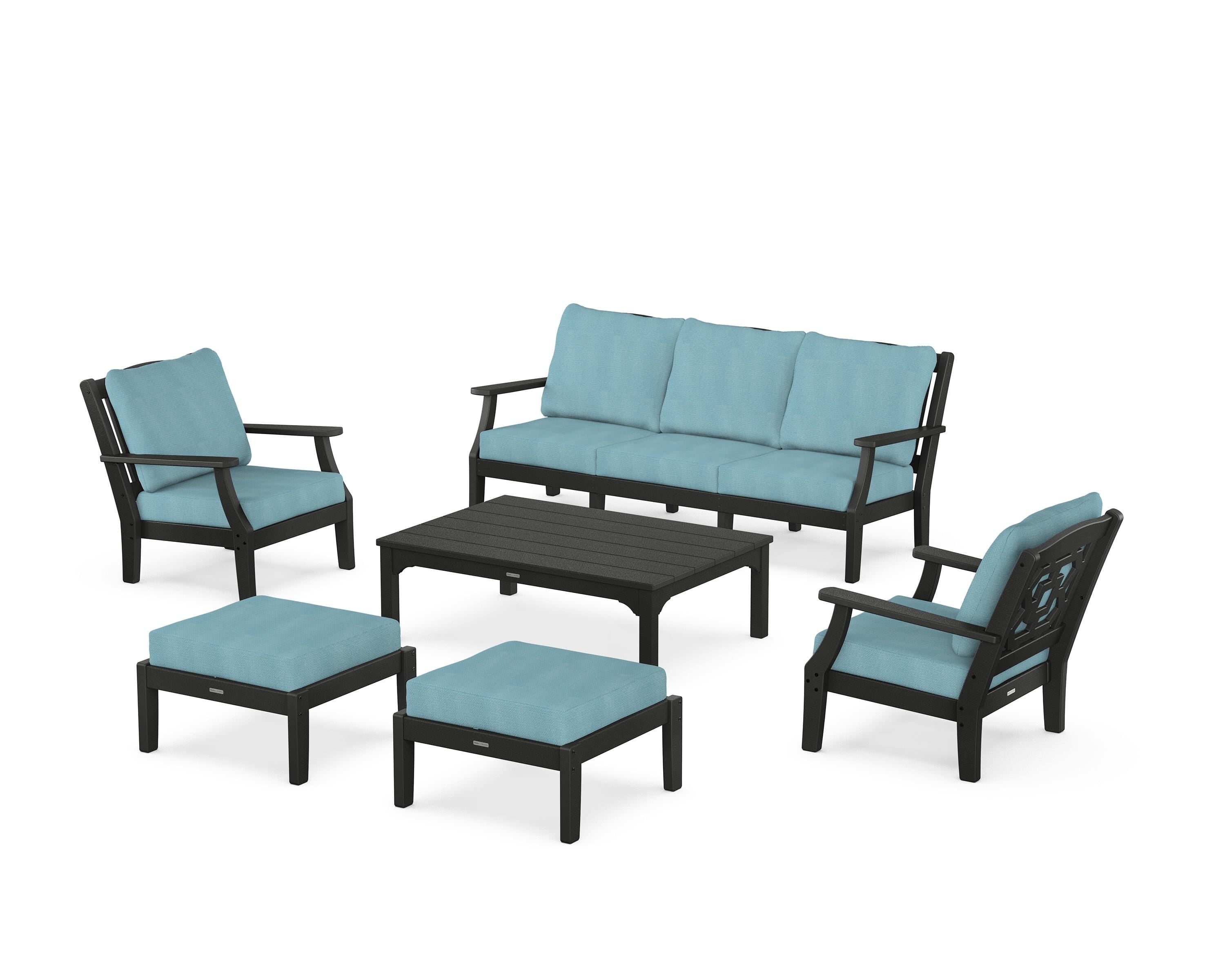 Martha Stewart by POLYWOOD® Chinoiserie 6-Piece Lounge Sofa Set in Black / Lattice Sky Blue
