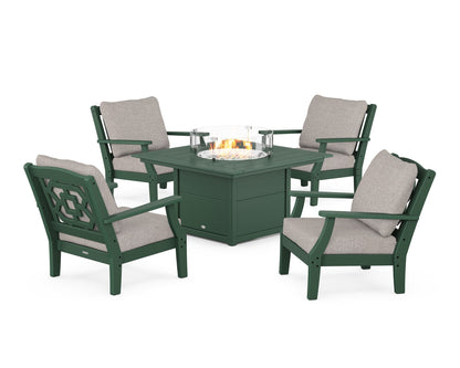 Martha Stewart by POLYWOOD® Chinoiserie 5-Piece Deep Seating Set with Fire Pit Table in Green / Weathered Tweed