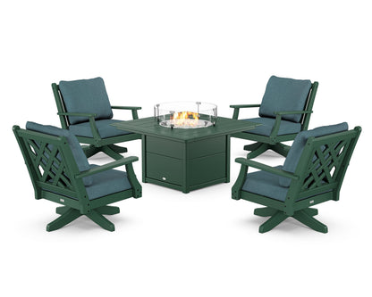Country Living Wovendale 5-Piece Deep Seating Swivel Conversation Set with Fire Pit Table in Green / Ocean Teal