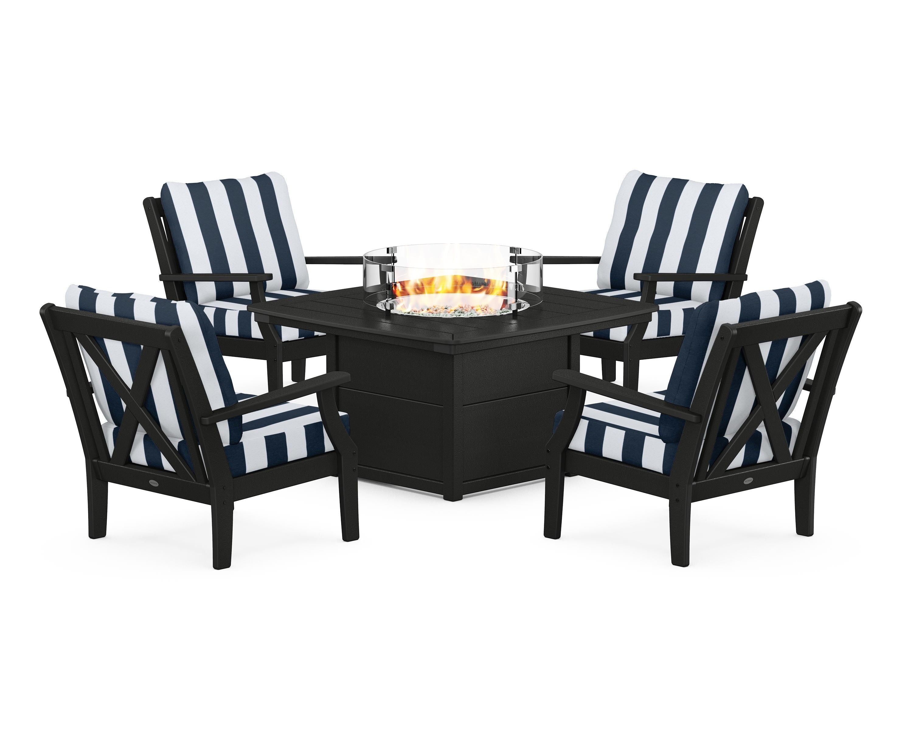 POLYWOOD® Braxton 5-Piece Deep Seating Conversation Set with Fire Pit Table in Black / Cabana Stripe Marine Indigo
