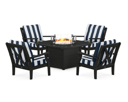 POLYWOOD® Braxton 5-Piece Deep Seating Conversation Set with Fire Pit Table in Black / Cabana Stripe Marine Indigo