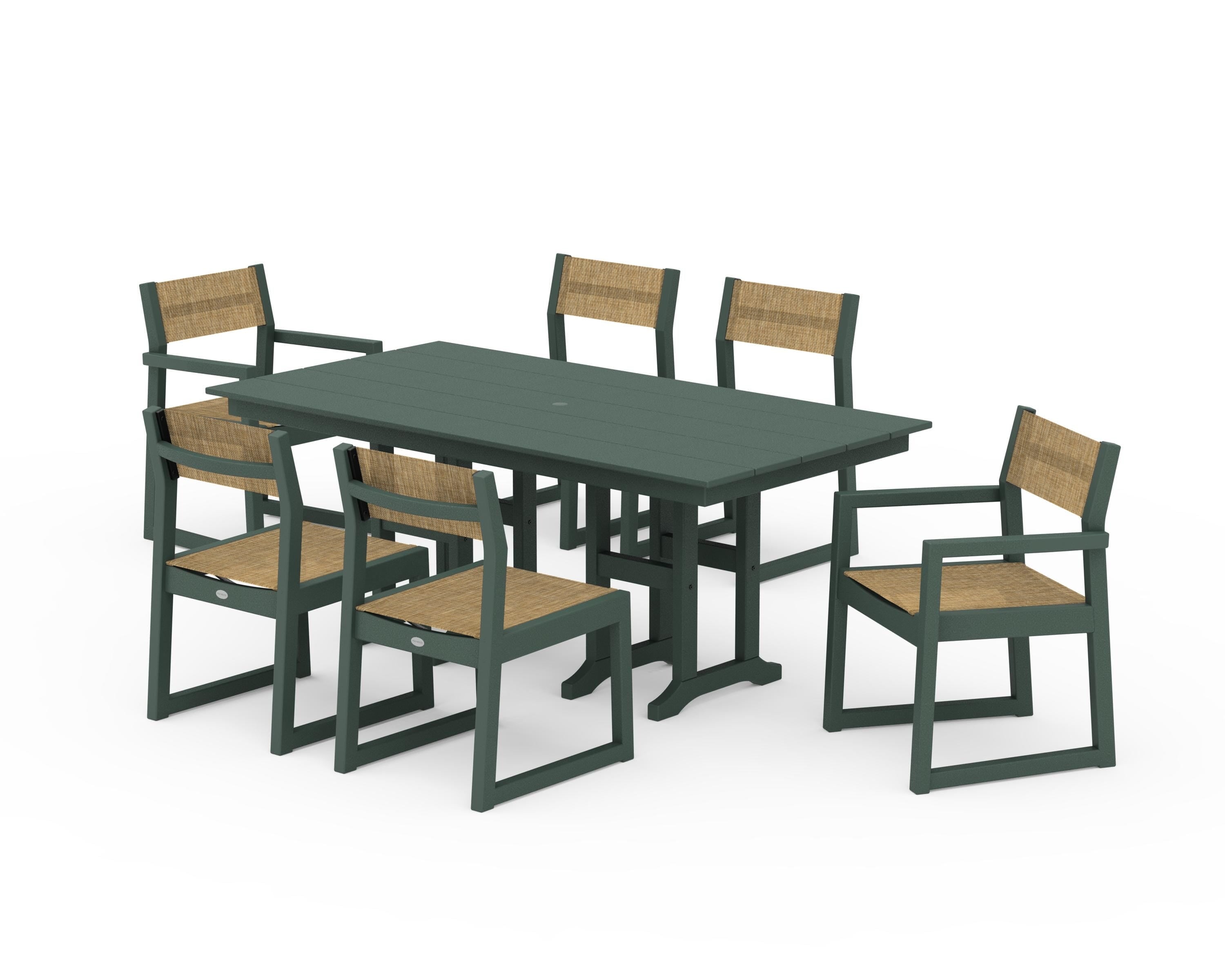 POLYWOOD® EDGE Sling 7-Piece Farmhouse Dining Set in Green / Burlap Sling