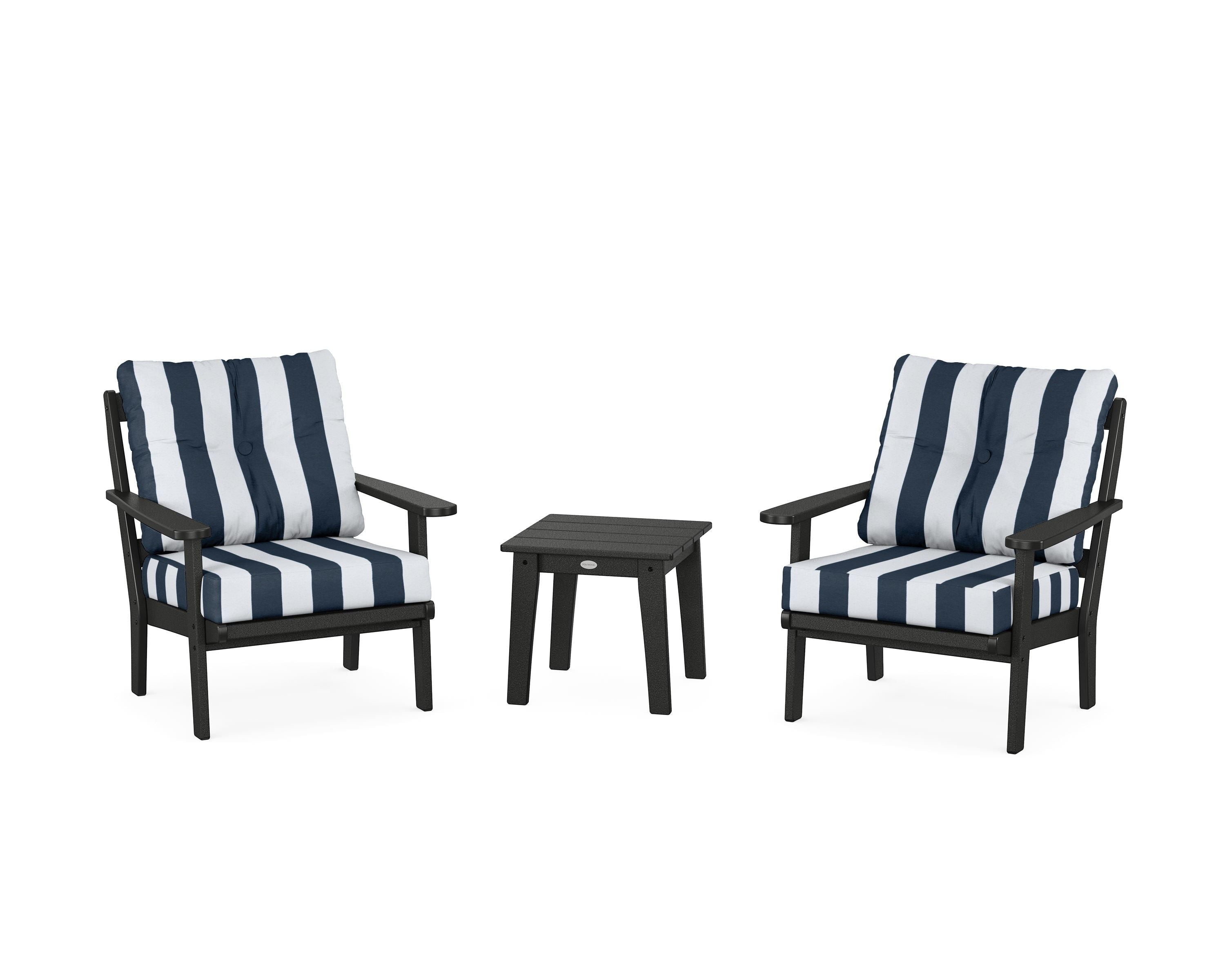 POLYWOOD® Mission 3-Piece Deep Seating Set in Black / Cabana Stripe Marine Indigo
