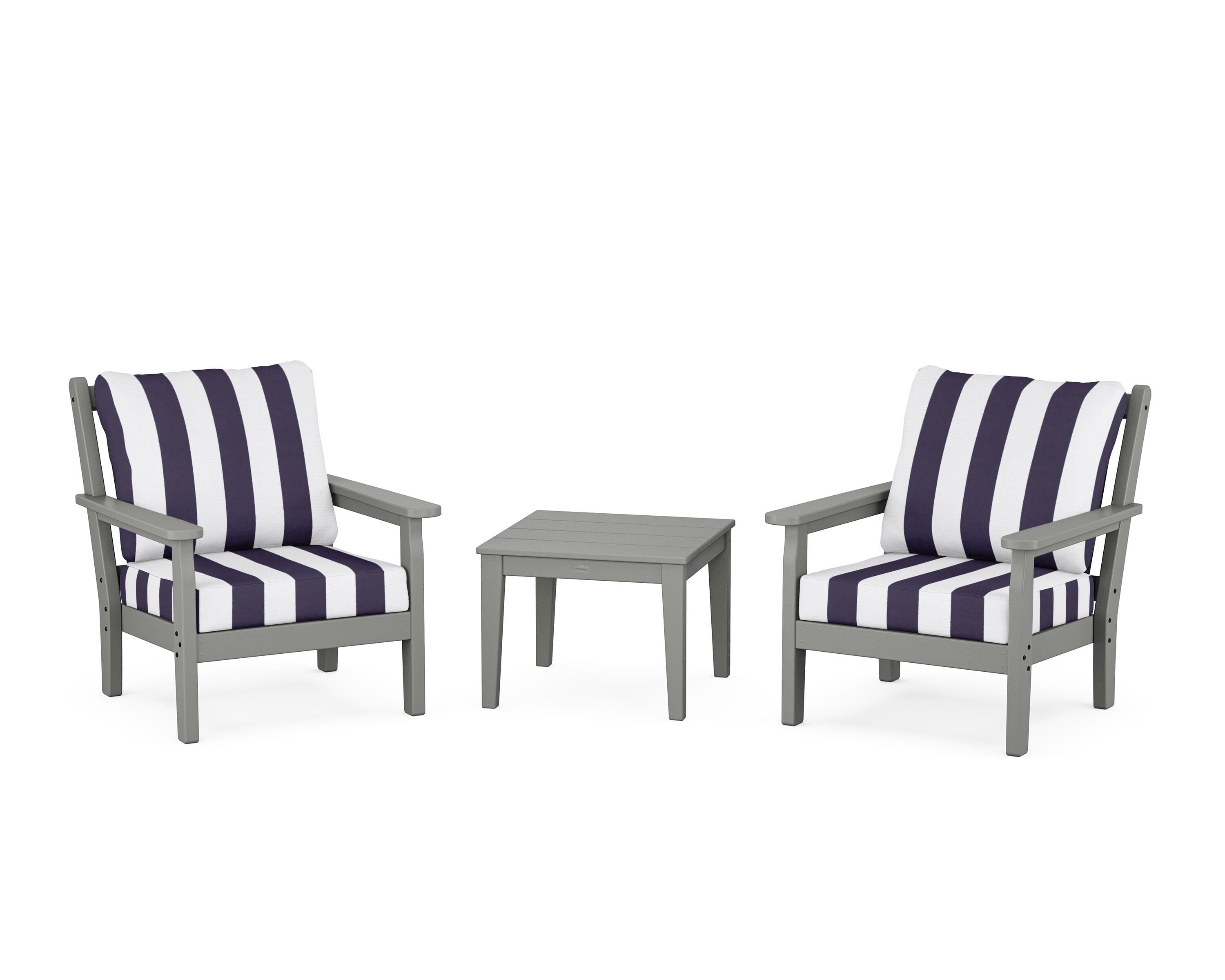 POLYWOOD® Chippendale 3-Piece Deep Seating Set in Slate Grey / Cabana Stripe Navy