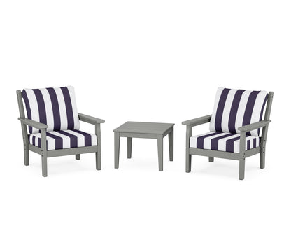 POLYWOOD® Chippendale 3-Piece Deep Seating Set in Slate Grey / Cabana Stripe Navy
