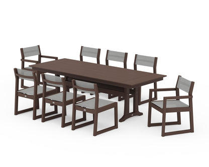 POLYWOOD® EDGE Sling 9-Piece Farmhouse Trestle Dining Set in Mahogany / Metallic Sling
