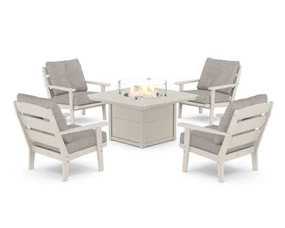 POLYWOOD® Lakeside 5-Piece Deep Seating Set with Nautical Fire Pit Table in Sand / Weathered Tweed
