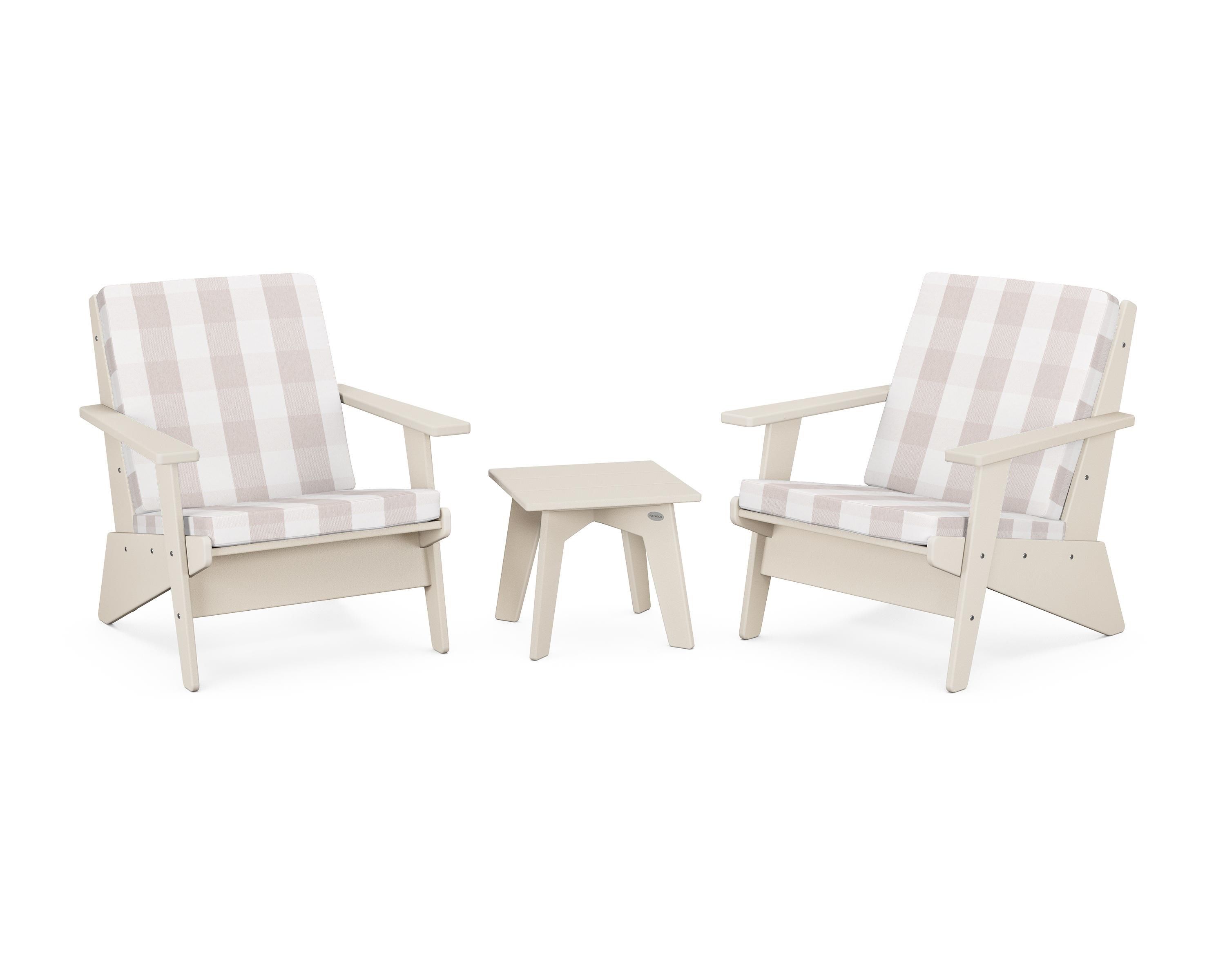 POLYWOOD® Riviera Modern Lounge 3-Piece Set in Sand / Buffalo Plaid Dune Burlap
